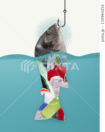 Surreal artwork. Fish hooked from polluted water with plastic waste inside body silhouette Surreal artwork. Fish hooked from polluted water with plastic waste inside body silhouette 130964850