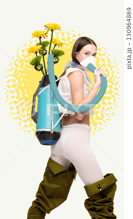 Bright artwork. Woman in ecological outfit with breathing tube and backpack of yellow flowers Bright artwork. Woman in ecological outfit with breathing tube and backpack of yellow flowers 130964869