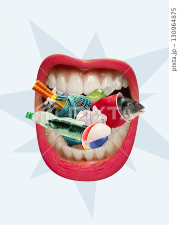 Colorful collage. Open mouth filled with plastic waste and fish symbolizing pollution and environmental crisis Colorful collage. Open mouth filled with plastic waste and fish symbolizing pollution and environmental crisis 130964875