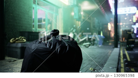 A black trash bag sits on a pavement corner, surrounded by neon lights and fog in a bustling urban nightlife area. The street is cluttered, hinting at late night activity. A black trash bag sits on a pavement corner, surrounded by neon lights and fog in a bustling urban nightlife area. The street is cluttered, hinting at late night activity. 130965398