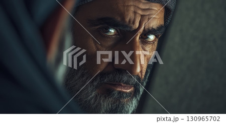 Close-up portrait of a thoughtful man with intense eyes looking in mirror 130965702