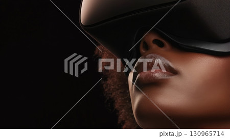 Futuristic lifestyle concept with woman wearing virtual reality glasses in dark background 130965714