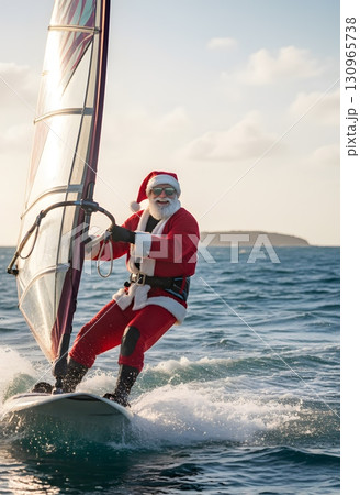 Santa Claus rides on a sailing surfboard. Realistic illustration. 130965738