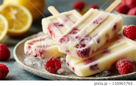 Lemon raspberry ice cream pops cooling on a plate 130965768