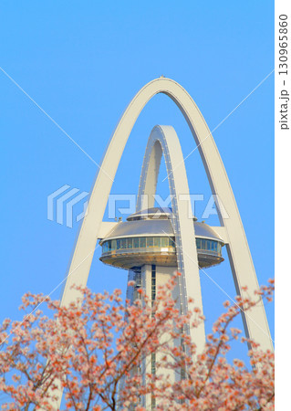 愛知県一宮市、ツインアーチ138と満開の桜の風景 130965860