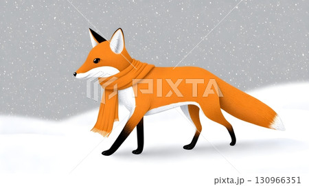 Cozy orange fox walking through snowy winter landscape 130966351