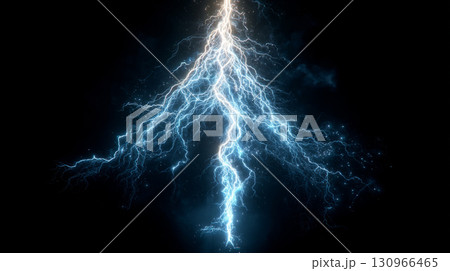 Blue Lightning Bolt Striking Across Dark Sky 130966465
