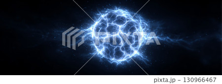Glowing blue sphere surrounded by intense electric lightning bolts, representing energy, power, and futuristic electricity concepts. 130966467
