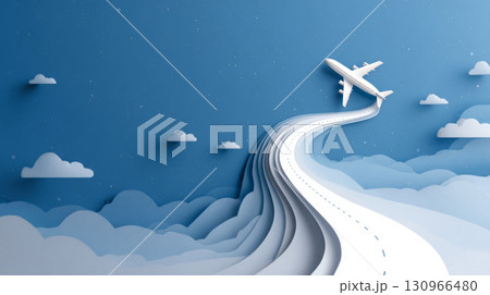 Passenger airplane soars above clouds, leaving curved contrails across , symbolizing travel, freedom, and global connection Passenger airplane soars above clouds, leaving curved contrails across , symbolizing travel, freedom, and global connection 130966480