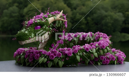 Fantastical floral dragon sculpture in the garden 130966607