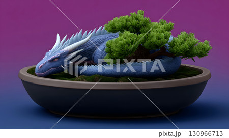 Mythical dragon coiled around a miniature bonsai tree 130966713