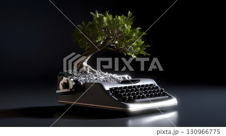 A tree growing from a broken typewriter symbolizes the rebirth of words. 130966775