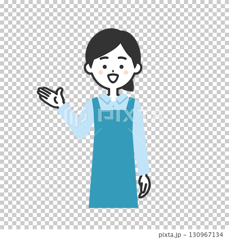 Illustration of a woman in an apron pointing with her hand 130967134