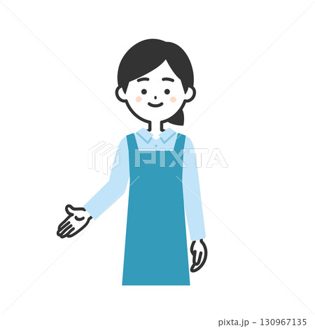 手で下のほうを指すエプロン姿の女性イラスト 130967135