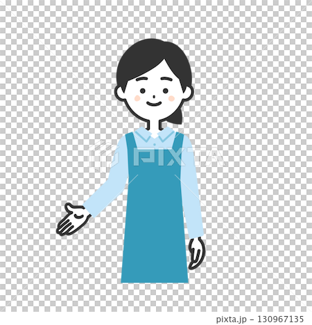 手で下のほうを指すエプロン姿の女性イラスト 130967135