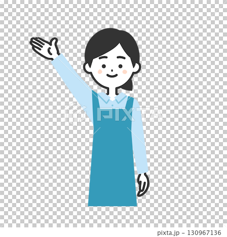 手で上のほうを指すエプロン姿の女性イラスト 130967136