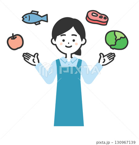 生鮮食品に囲まれたエプロン姿の女性イラスト 生鮮食品に囲まれたエプロン姿の女性イラスト 130967139