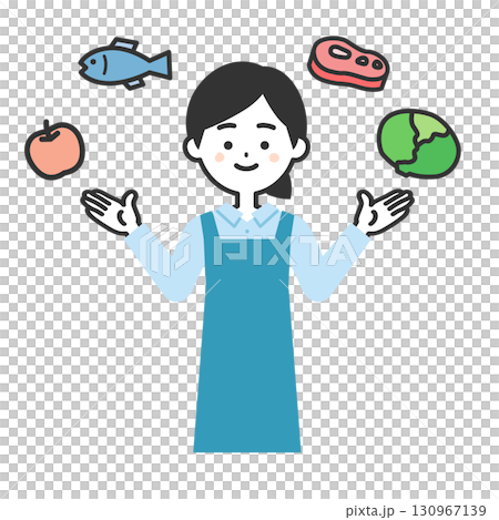 Illustration of a woman in an apron surrounded by fresh food 130967139