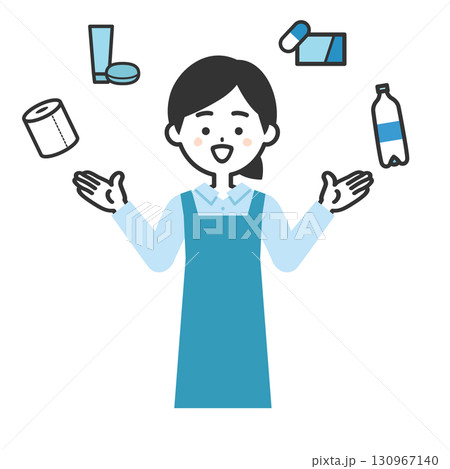 日用品に囲まれたエプロン姿の女性イラスト 130967140