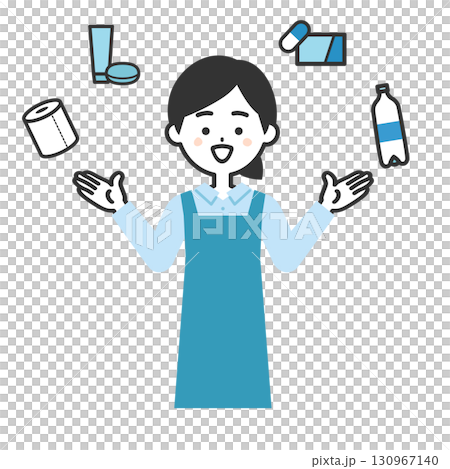 日用品に囲まれたエプロン姿の女性イラスト 130967140
