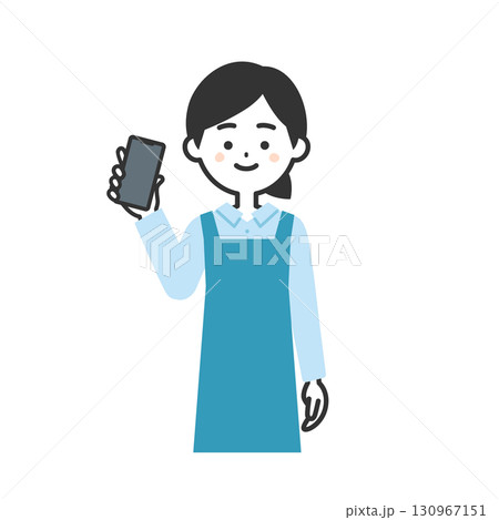 スマホを持つエプロン姿の女性イラスト 130967151