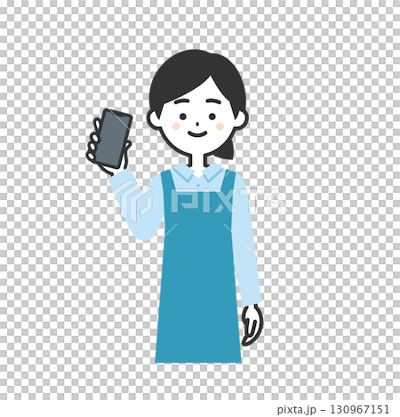 スマホを持つエプロン姿の女性イラスト 130967151
