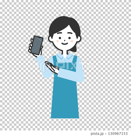 手に持ったスマホを指すエプロン姿の女性イラスト 130967153