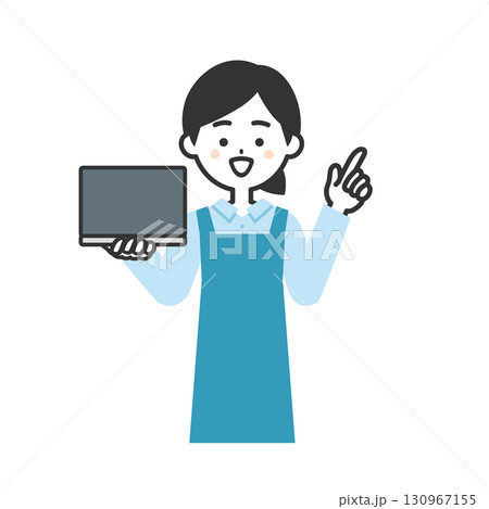 ノートパソコンを持って指を立てるエプロン姿の女性イラスト ノートパソコンを持って指を立てるエプロン姿の女性イラスト 130967155
