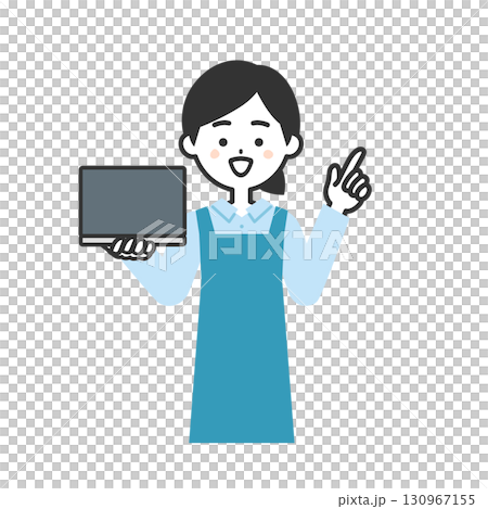 Illustration of a woman in an apron holding a laptop and pointing up Illustration of a woman in an apron holding a laptop and pointing up 130967155
