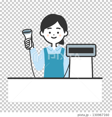 Illustration of a woman in an apron standing at a manned cash register 130967160