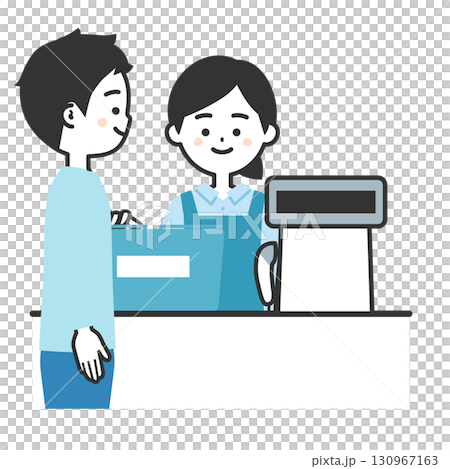 買い物かごをレジに置く男性客とエプロン姿のレジ店員女性イラスト 130967163