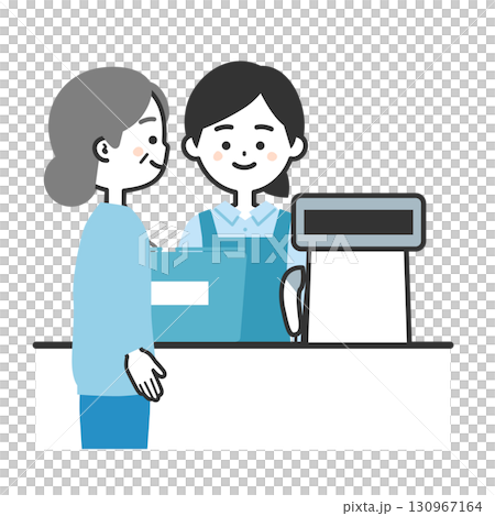 買い物かごをレジに置く年配の女性客とエプロン姿のレジ店員女性イラスト 130967164