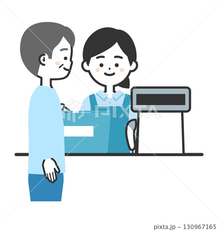 買い物かごをレジに置く年配の男性客とエプロン姿のレジ店員女性イラスト 130967165