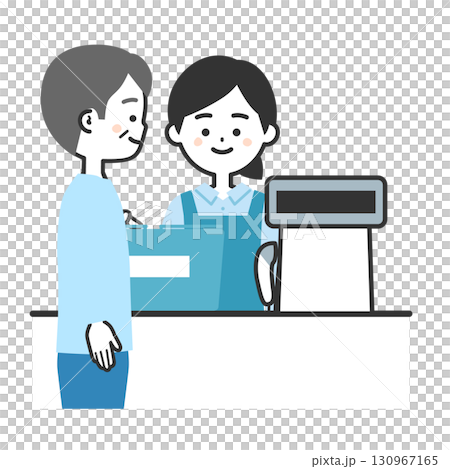 買い物かごをレジに置く年配の男性客とエプロン姿のレジ店員女性イラスト 130967165