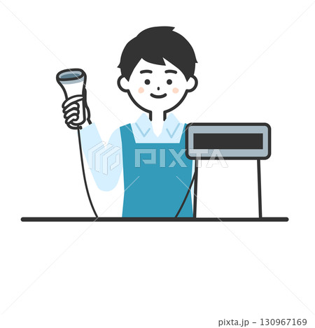 有人レジに立つエプロン姿の男性イラスト 有人レジに立つエプロン姿の男性イラスト 130967169