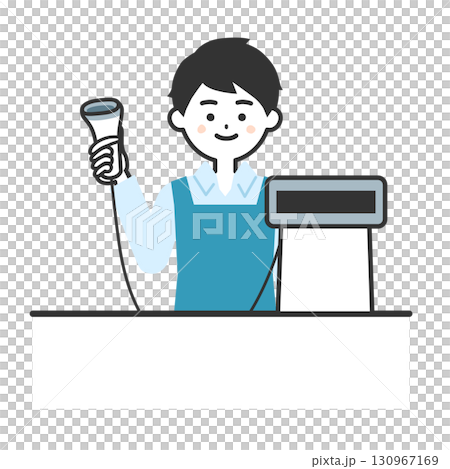 有人レジに立つエプロン姿の男性イラスト 有人レジに立つエプロン姿の男性イラスト 130967169