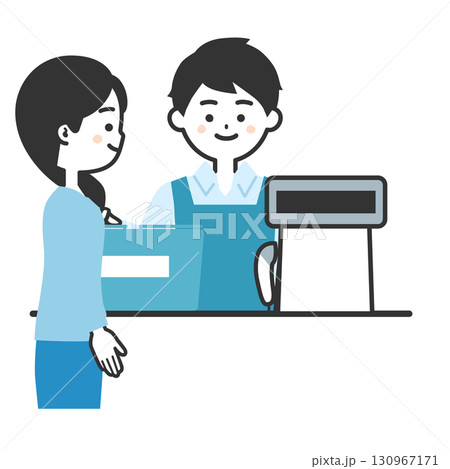 買い物かごをレジに置く女性客とエプロン姿のレジ店員男性イラスト 130967171
