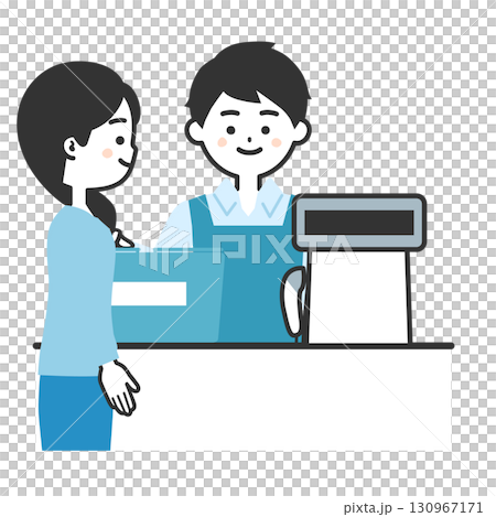買い物かごをレジに置く女性客とエプロン姿のレジ店員男性イラスト 130967171