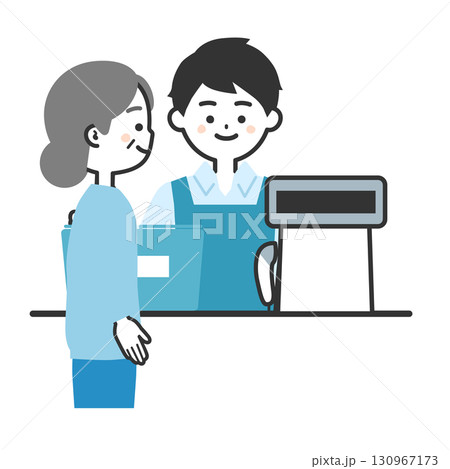 買い物かごをレジに置く年配の女性客とエプロン姿のレジ店員男性イラスト 130967173