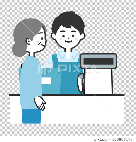 買い物かごをレジに置く年配の女性客とエプロン姿のレジ店員男性イラスト 130967173