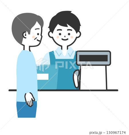 買い物かごをレジに置く年配の男性客とエプロン姿のレジ店員男性イラスト 130967174