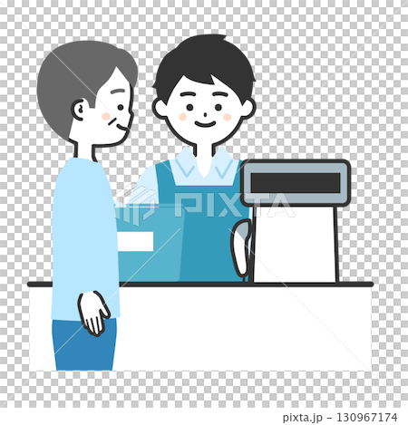 買い物かごをレジに置く年配の男性客とエプロン姿のレジ店員男性イラスト 130967174
