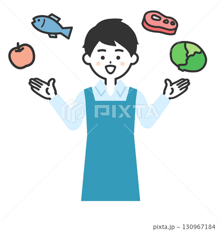 生鮮食品に囲まれたエプロン姿の男性イラスト 生鮮食品に囲まれたエプロン姿の男性イラスト 130967184
