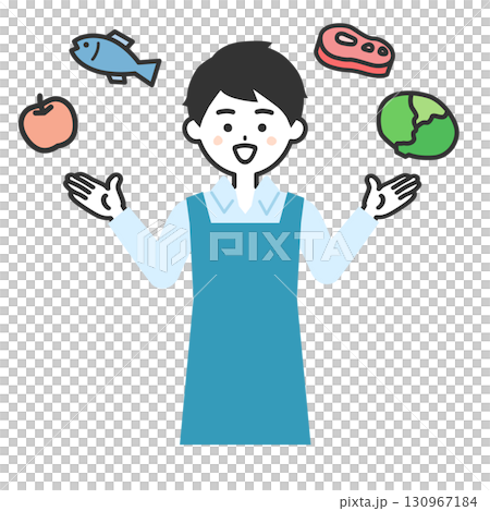 生鮮食品に囲まれたエプロン姿の男性イラスト 生鮮食品に囲まれたエプロン姿の男性イラスト 130967184