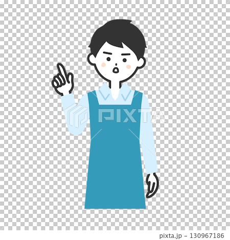 Illustration of a man in an apron pointing with a serious expression 130967186