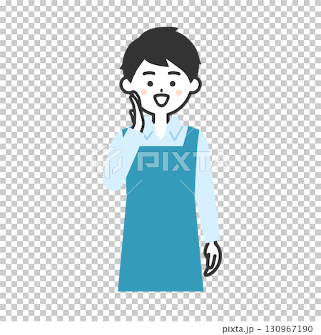 手を口に当てて呼ぶエプロン姿の男性イラスト 130967190