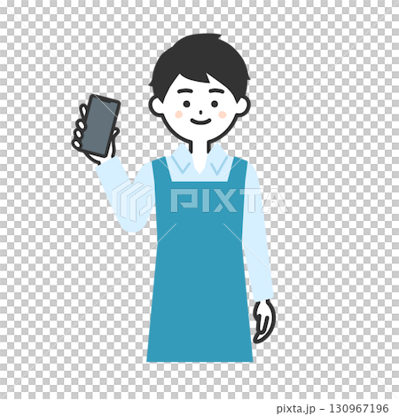 Illustration of a man in an apron holding a smartphone Illustration of a man in an apron holding a smartphone 130967196