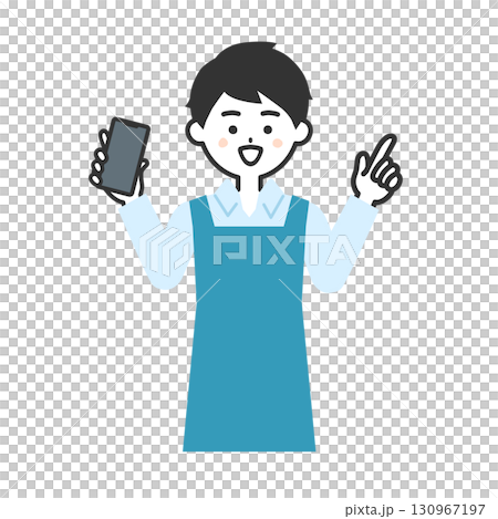 スマホをもって指を立てるエプロン姿の男性イラスト 130967197