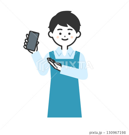 手に持ったスマホを指すエプロン姿の男性イラスト 手に持ったスマホを指すエプロン姿の男性イラスト 130967198