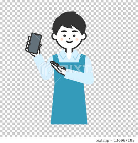 手に持ったスマホを指すエプロン姿の男性イラスト 手に持ったスマホを指すエプロン姿の男性イラスト 130967198